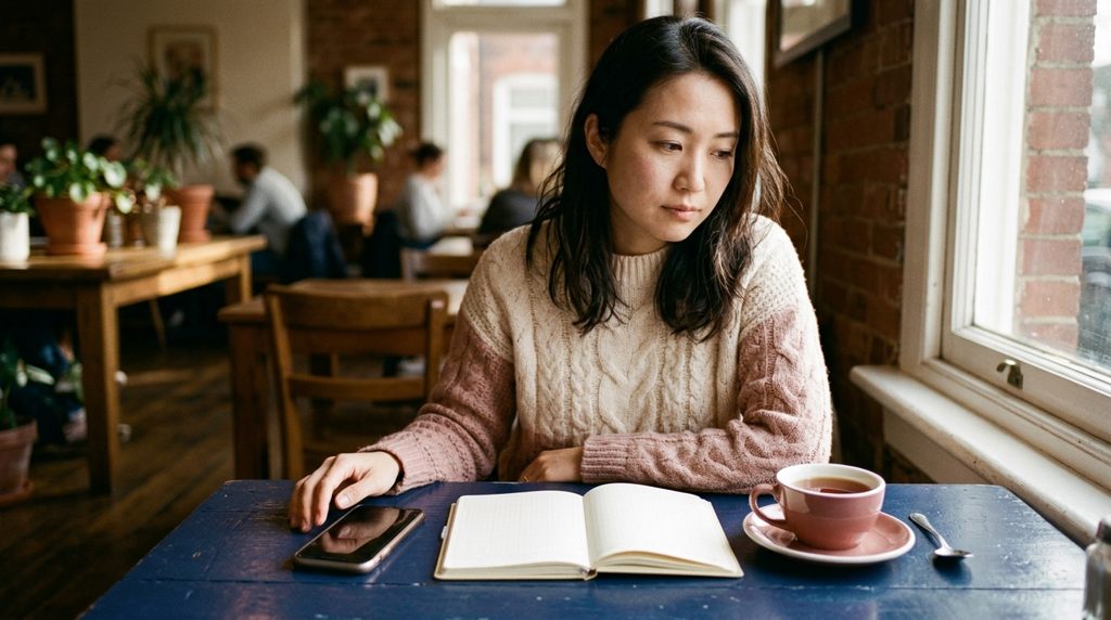 カフェでスマートフォンと手帳を見つめる女性