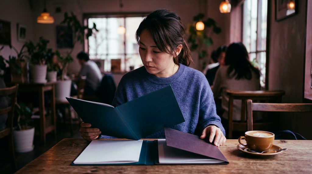 テーブルで二つの書類を見比べる女性