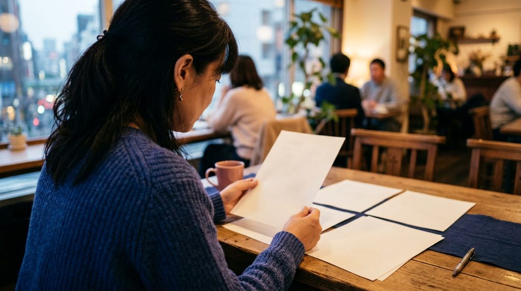 カフェで書類を見る女性の後ろ姿