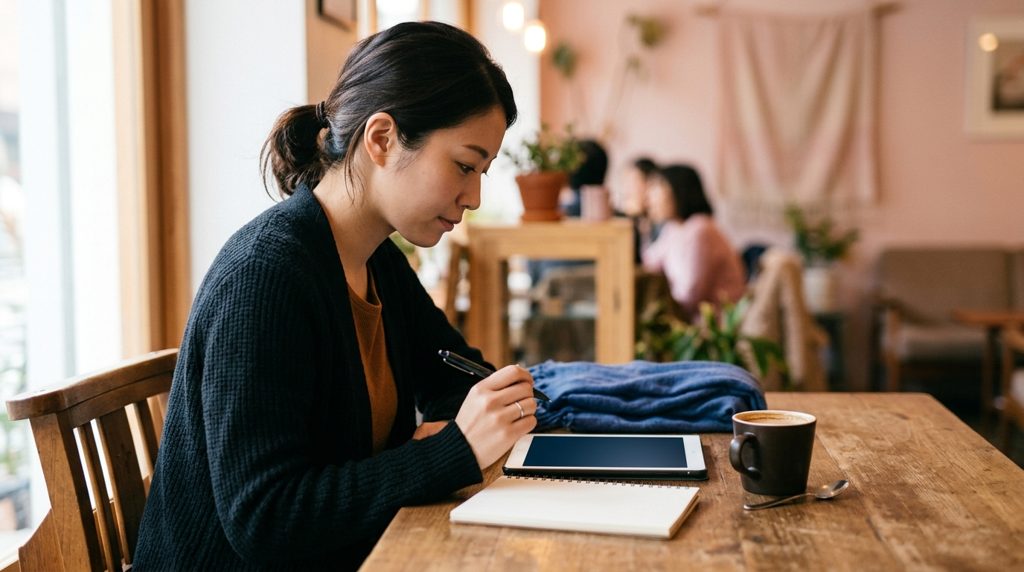 カフェでタブレットを見つめる人、隣にノートとペン