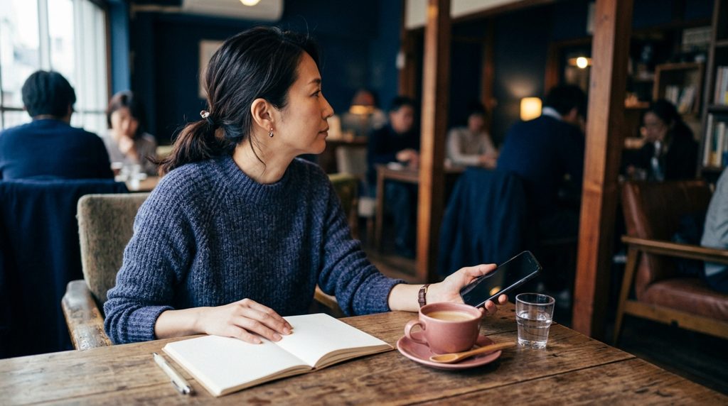 カフェでスマホとノートを見る女性