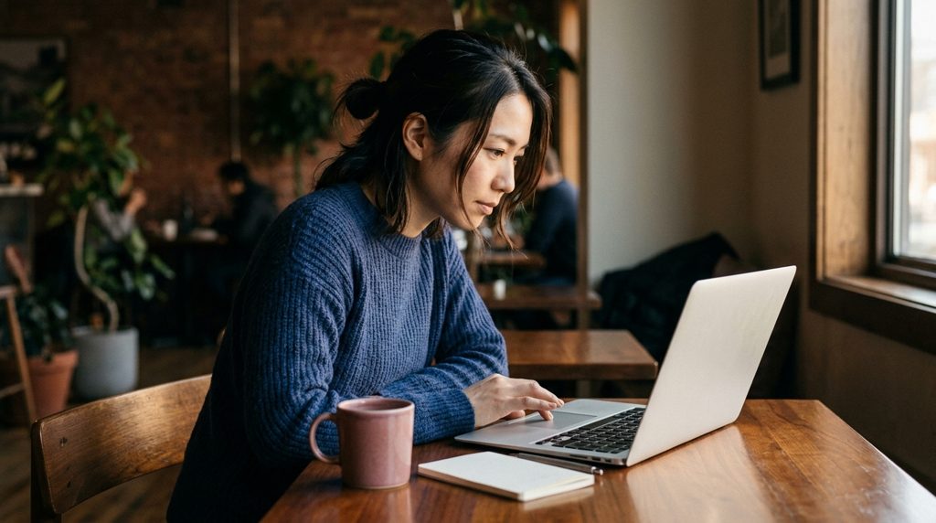 カフェでノートPCを真剣に見つめる女性