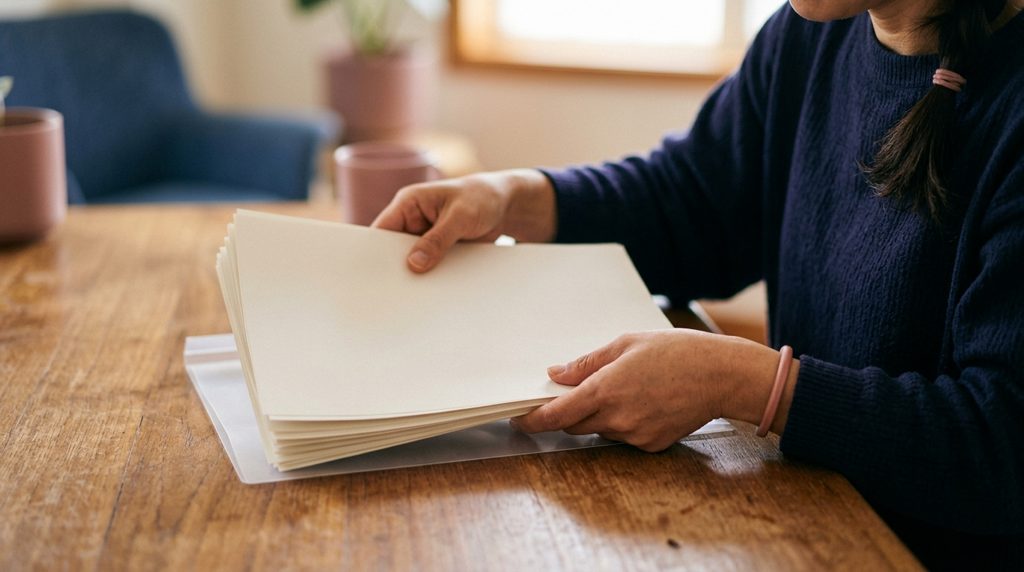 自宅の木製デスクで大切な書類をクリアファイルに整理する手元