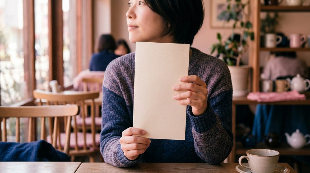カフェで手元を見つめる人の横顔