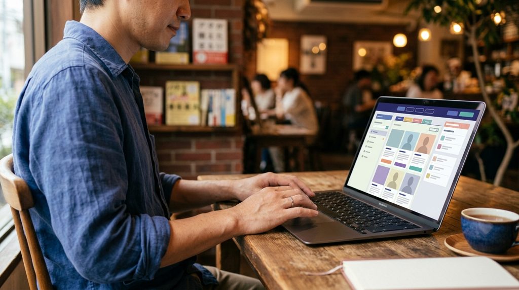 カフェでノートPCの画面を操作する手元