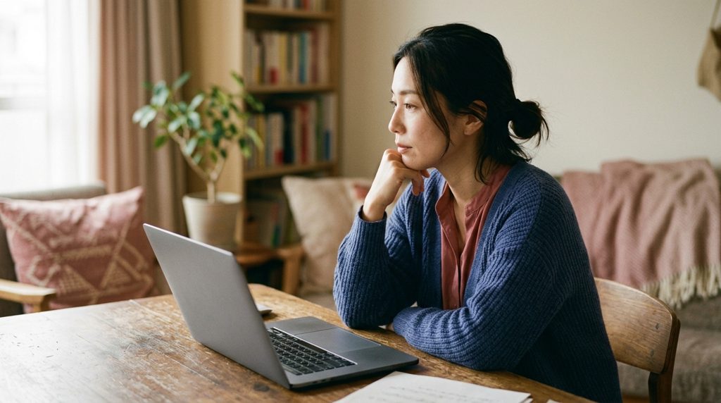 テーブルでノートパソコンを見つめながら考え事をしている人物