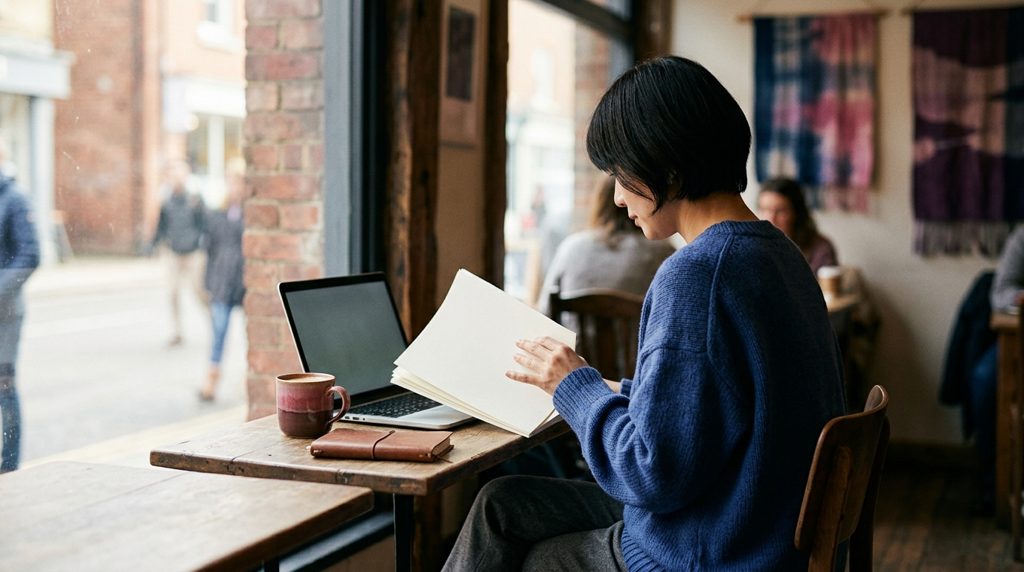 カフェで契約書面を確認する女性