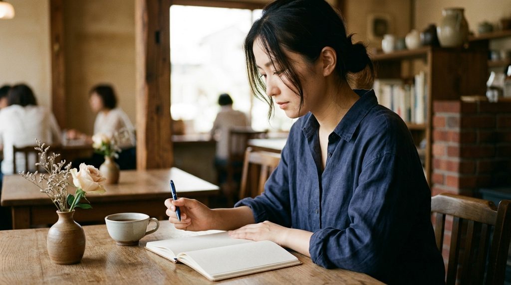 カフェでノートを広げ、ペンを持つ人の横顔