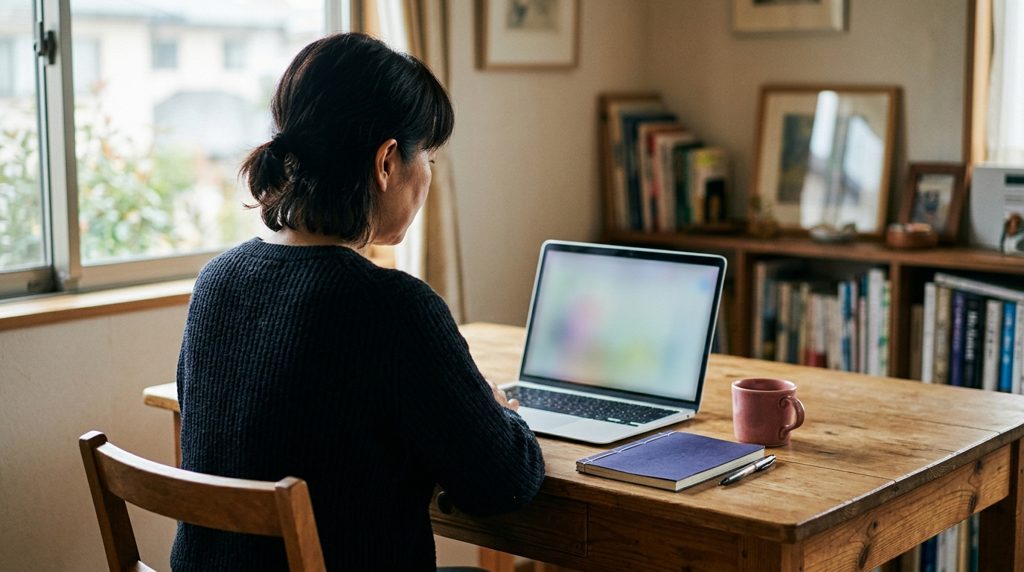 自宅でノートPCを見ながら検討する様子